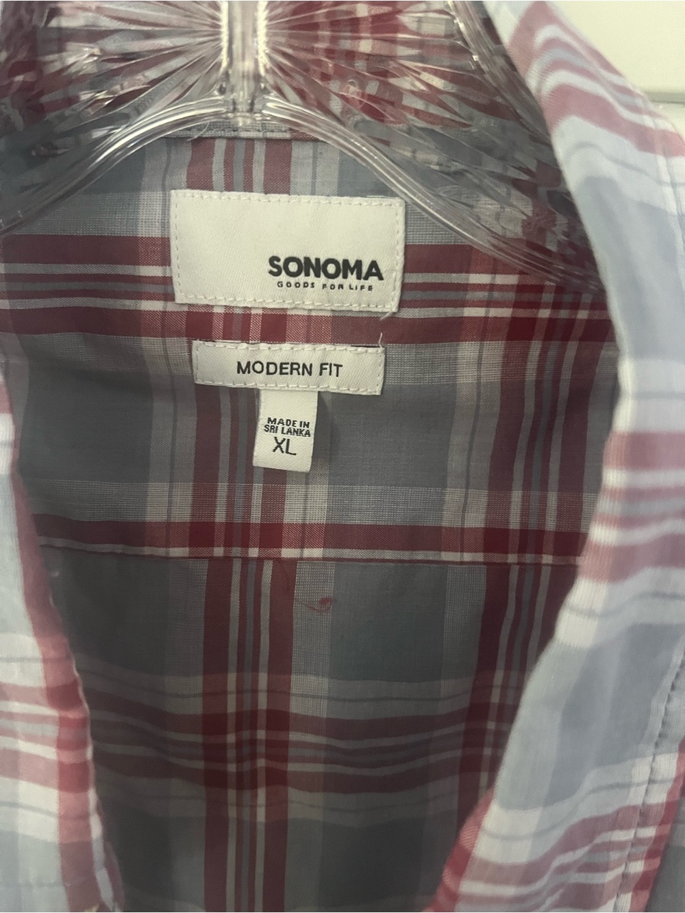 Sonoma Men's Red and Light Blue Plaid Button-Down Shirt - Picture 2 of 3
